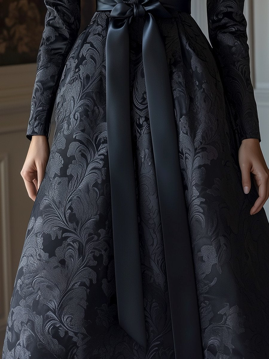 Black Satin Jacquard Dress with Elegant Floral Design and Belted Waist Black Satin Jacquard Dress with Elegant Floral Design and Belted Waist