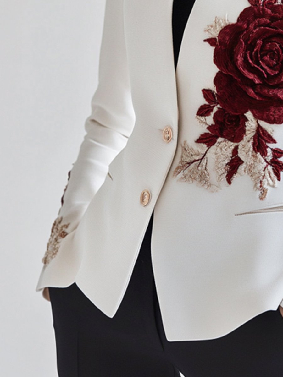 Chic White Blazer with Red Rose Embroidery Chic White Blazer with Red Rose Embroidery