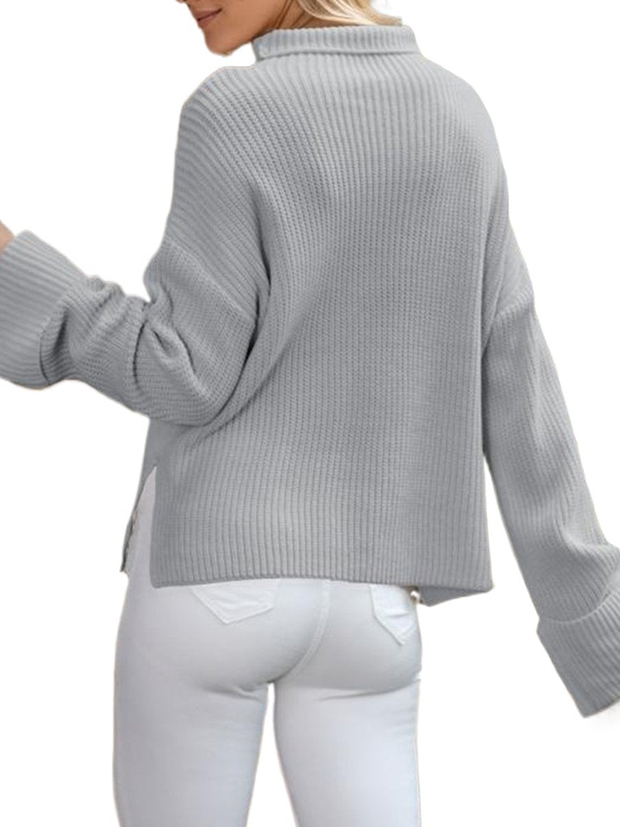 Cozy Plain Knit Sweater with Rolled Turtleneck Cozy Plain Knit Sweater with Rolled Turtleneck