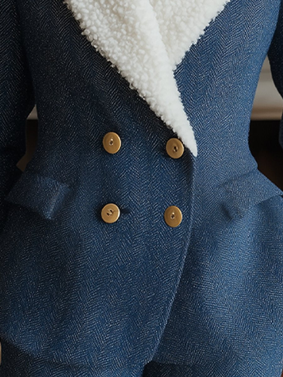Classic Blue Herringbone Blazer with Shearling Lapel Classic Blue Herringbone Blazer with Shearling Lapel