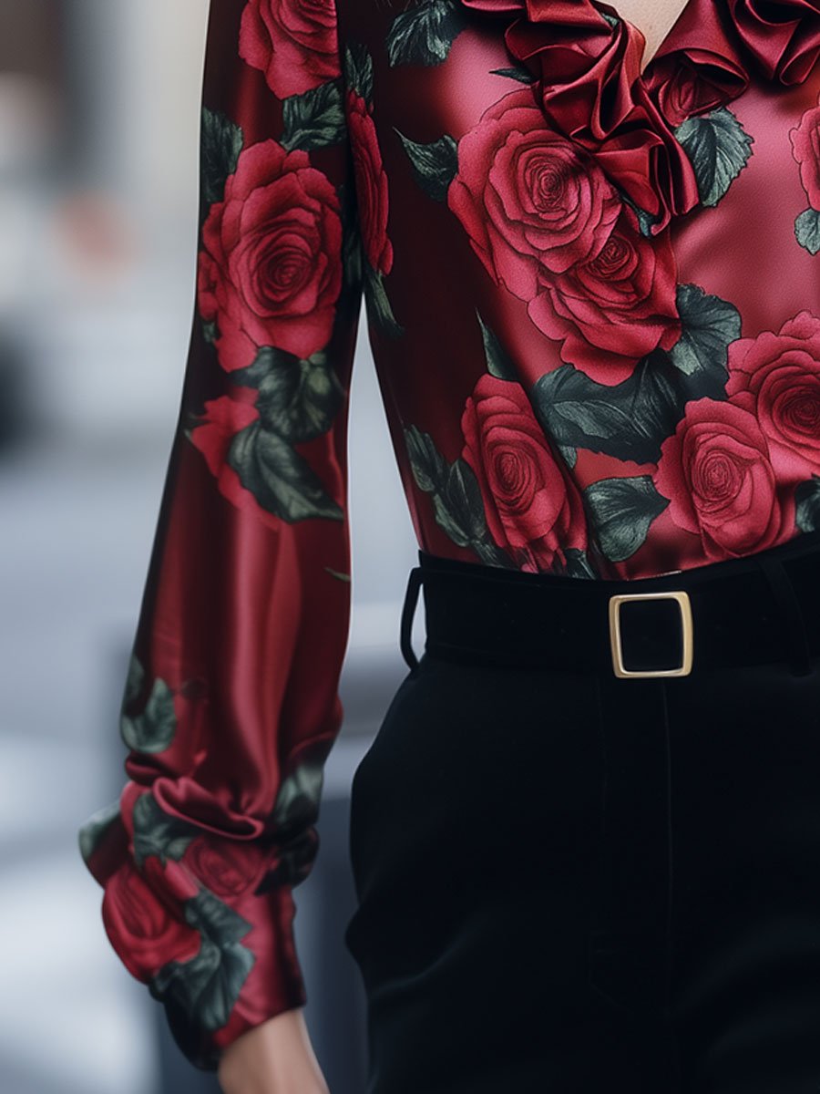 Ruffled Roses Satin Blouse Ruffled Roses Satin Blouse