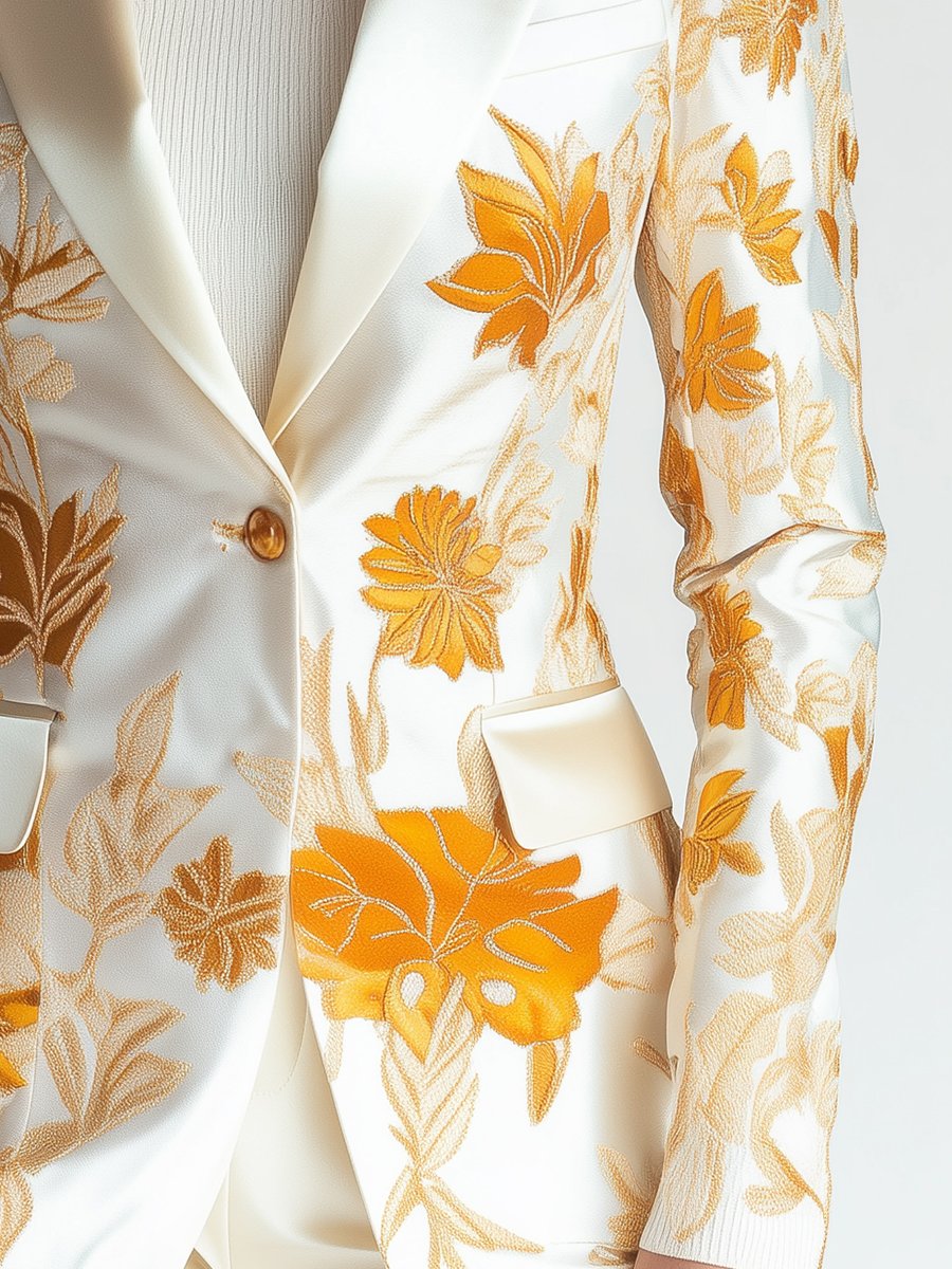 Ivory Satin Blazer with Golden Yellow Floral Motifs Ivory Satin Blazer with Golden Yellow Floral Motifs