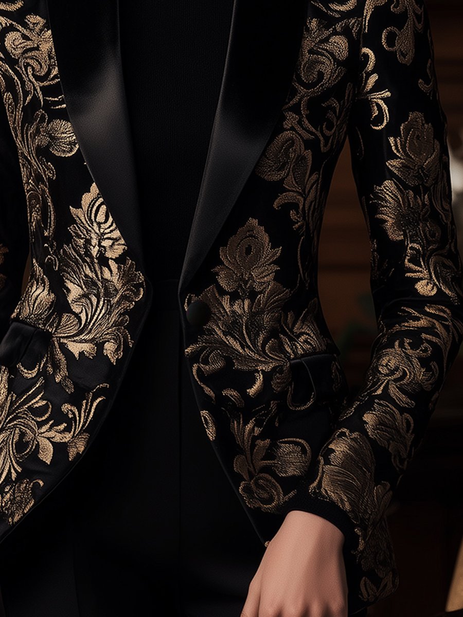 Black Jacquard Blazer with Baroque Gold Floral Black Jacquard Blazer with Baroque Gold Floral