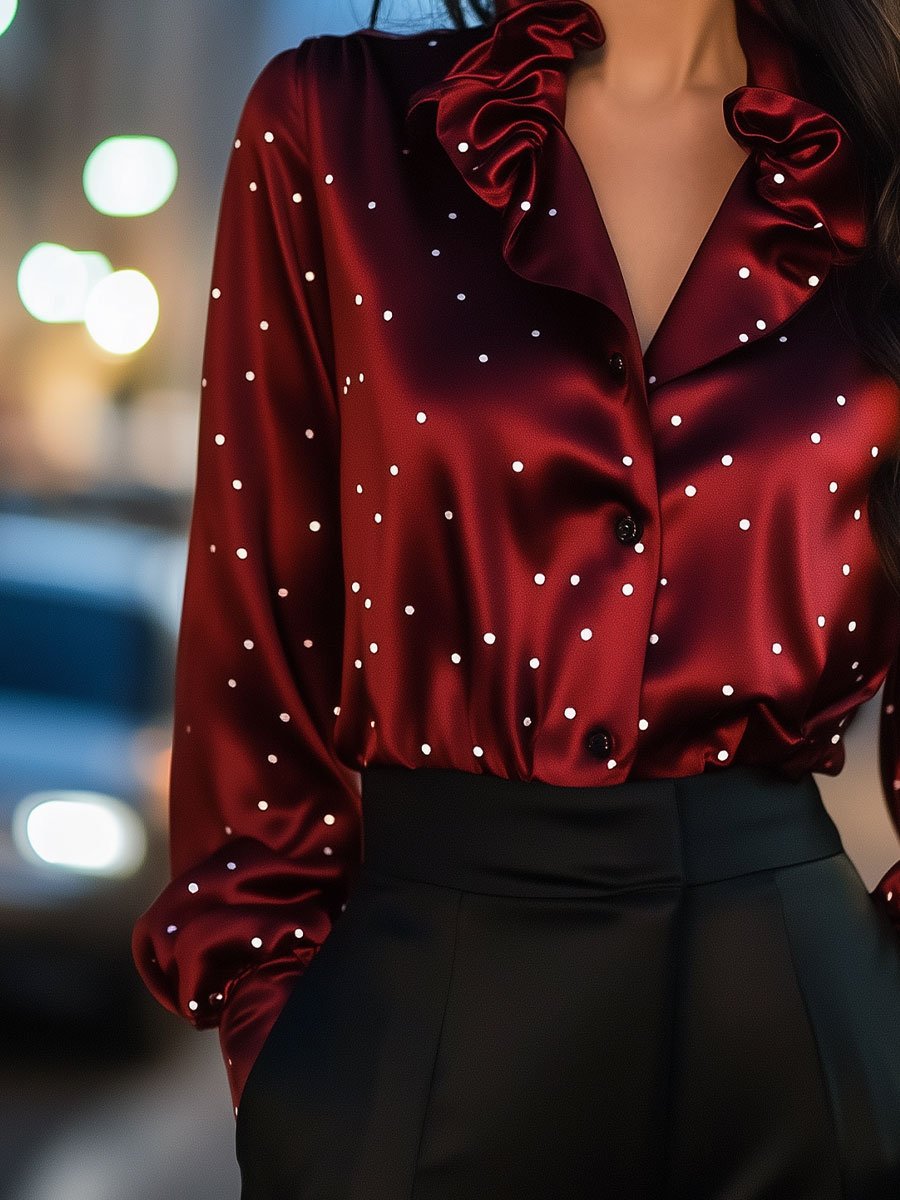 Ruffled Satin Blouse with Dainty Dots Ruffled Satin Blouse with Dainty Dots