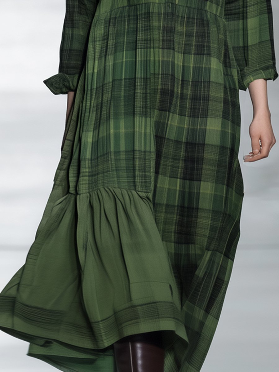 Green Plaid Button-Up Midi Shirt Dress Green Plaid Button-Up Midi Shirt Dress