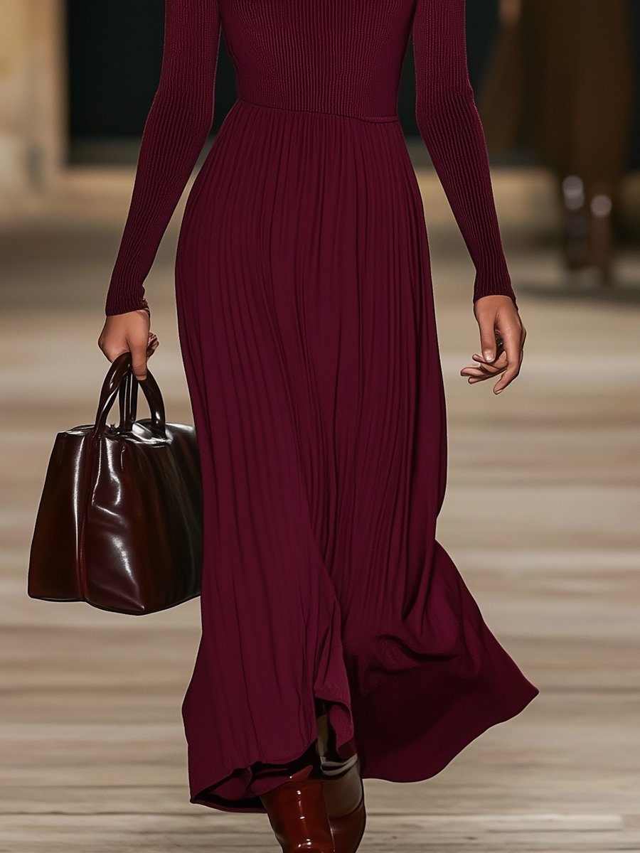 Wine Red Ribbed Turtleneck Maxi Dress Wine Red Ribbed Turtleneck Maxi Dress