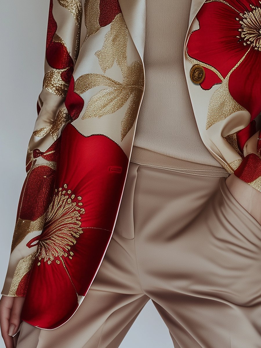 Ivory Satin Blazer with Bold Red Floral Printed Ivory Satin Blazer with Bold Red Floral Printed