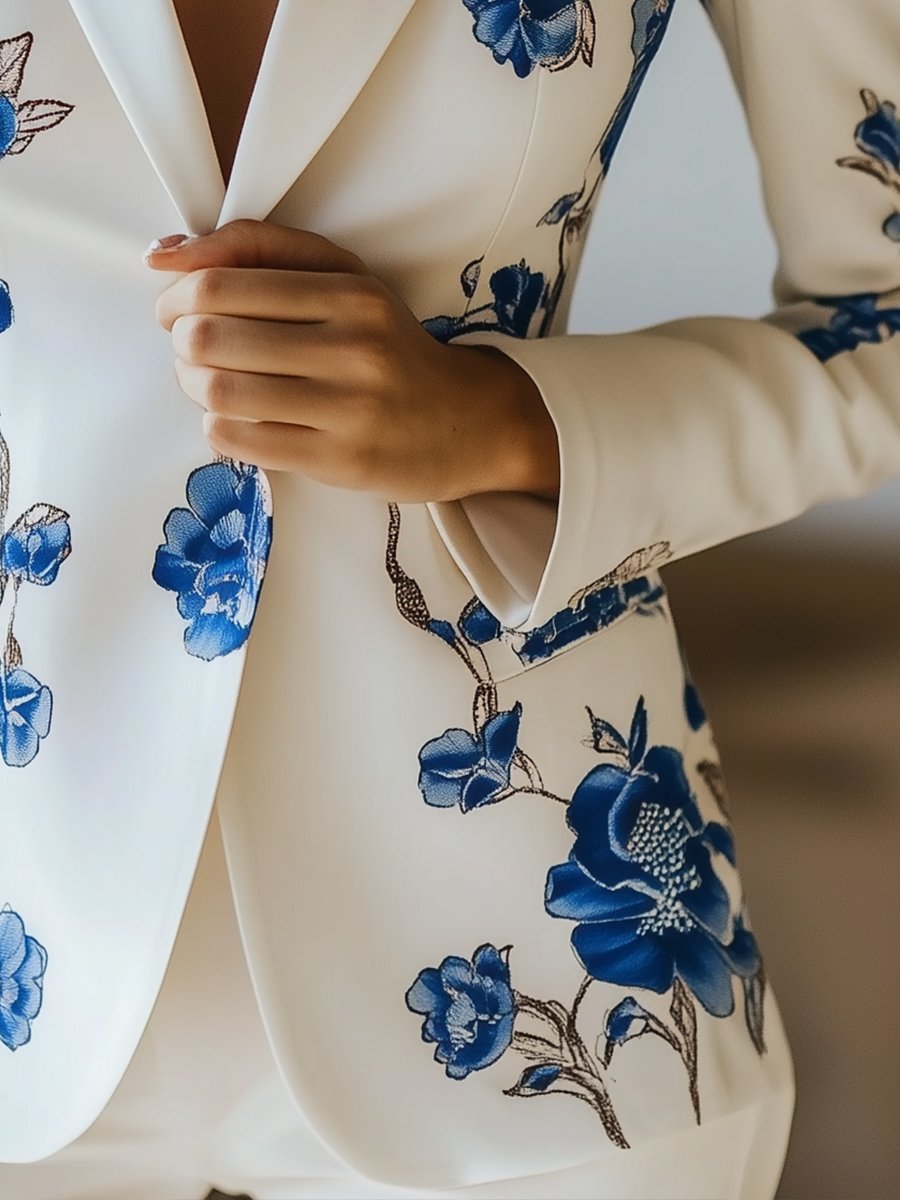 Elegant White Satin Blazer with Blue Floral Printed Elegant White Satin Blazer with Blue Floral Printed