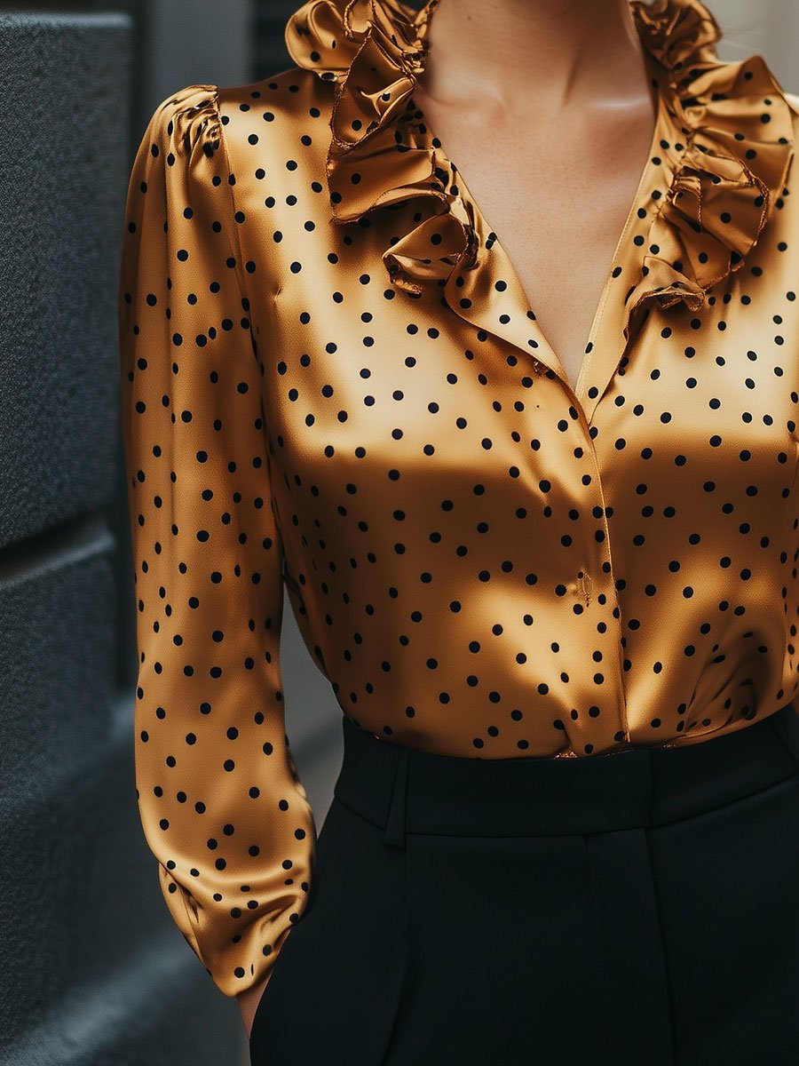 Ruffled Satin Blouse with Polka Dots Ruffled Satin Blouse with Polka Dots