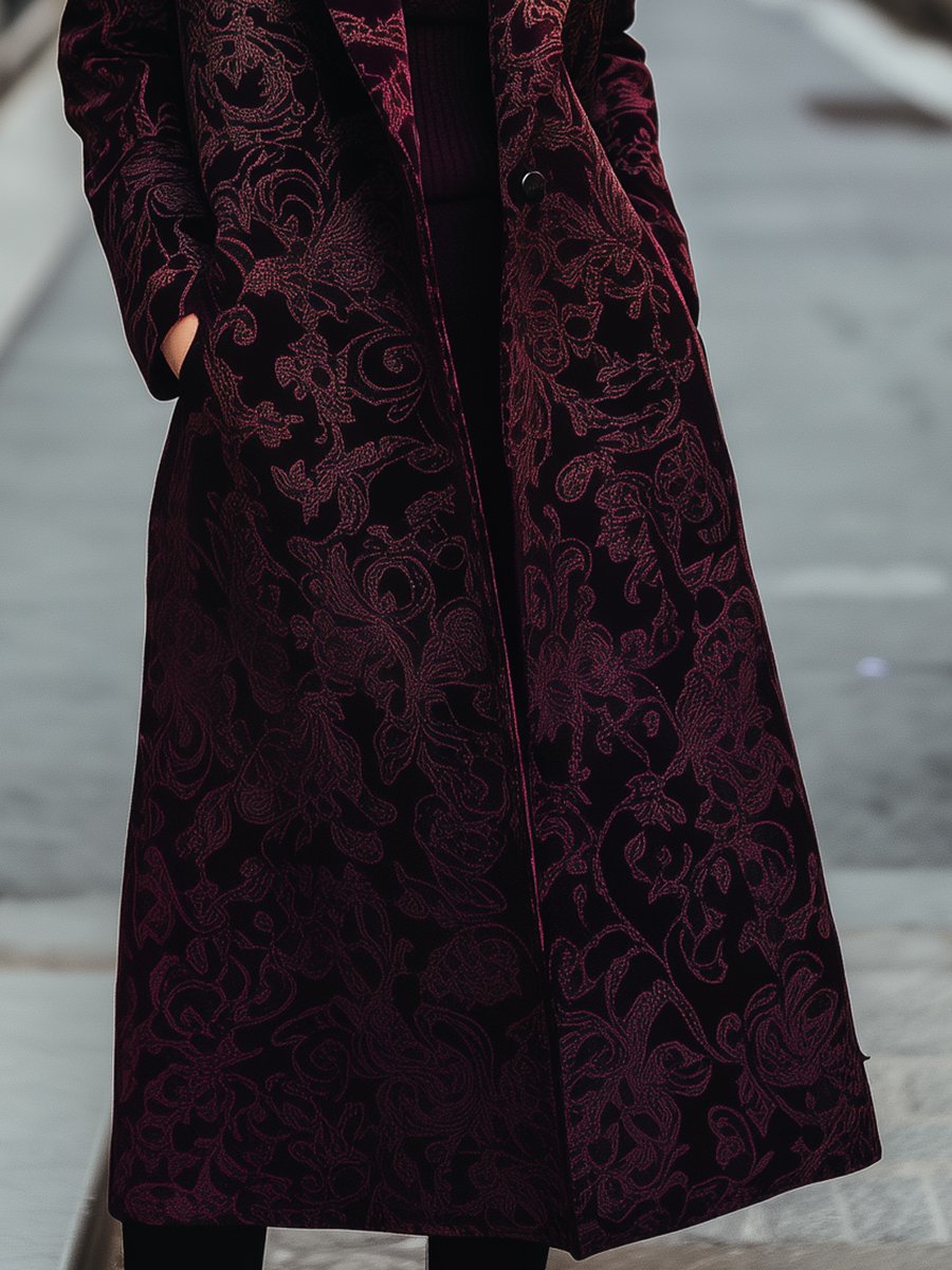 Burgundy Long Coat with Intricate Jacquard Pattern Burgundy Long Coat with Intricate Jacquard Pattern