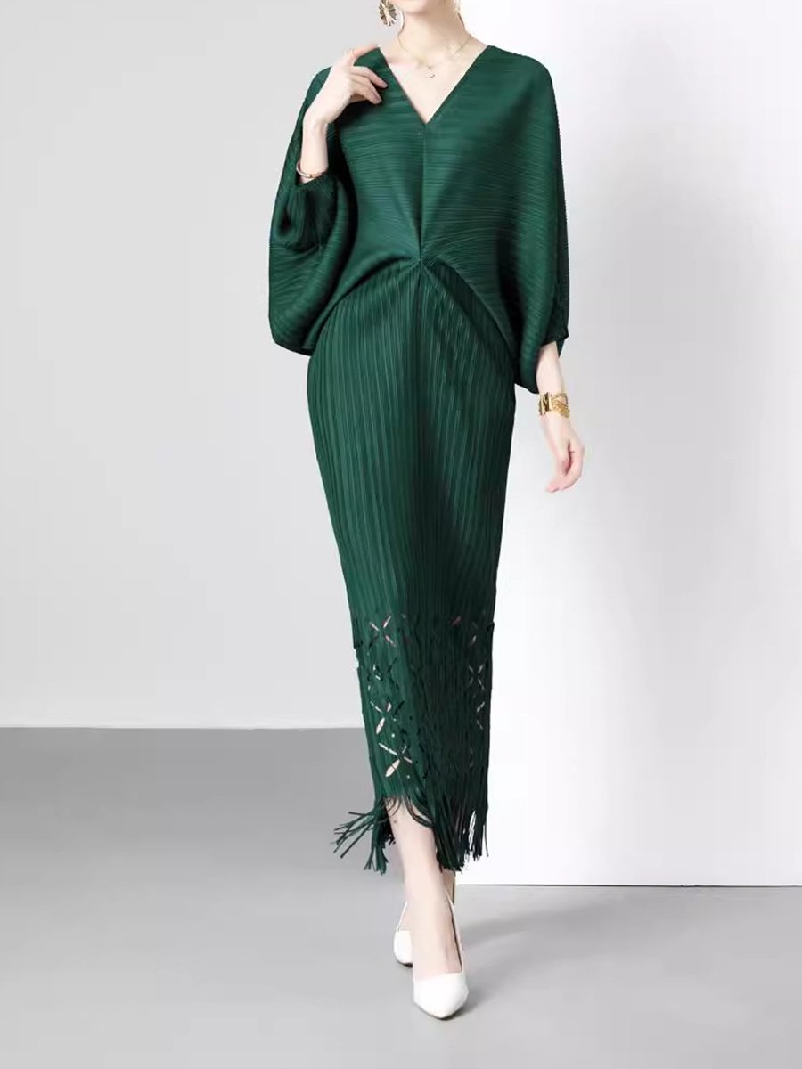Loose Bat Sleeves V-neck Fishtail Fringed Dress Loose Bat Sleeves V-neck Fishtail Fringed Dress