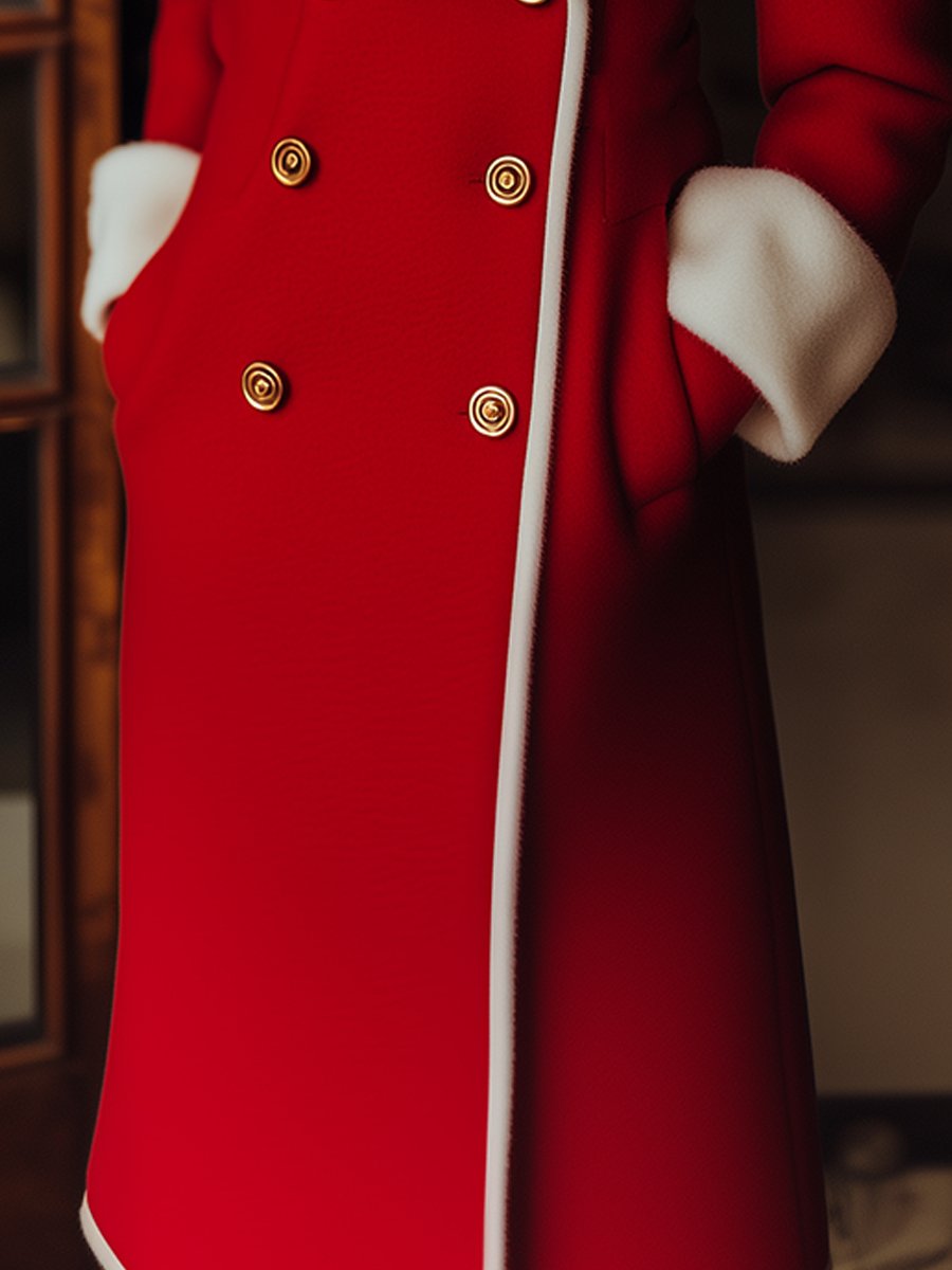 Classic Red Double-Breasted Coat with White Shearling Trim Classic Red Double-Breasted Coat with White Shearling Trim