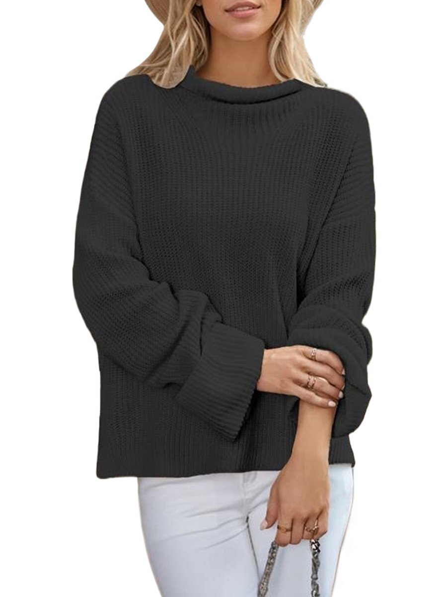 Cozy Plain Knit Sweater with Rolled Turtleneck Cozy Plain Knit Sweater with Rolled Turtleneck