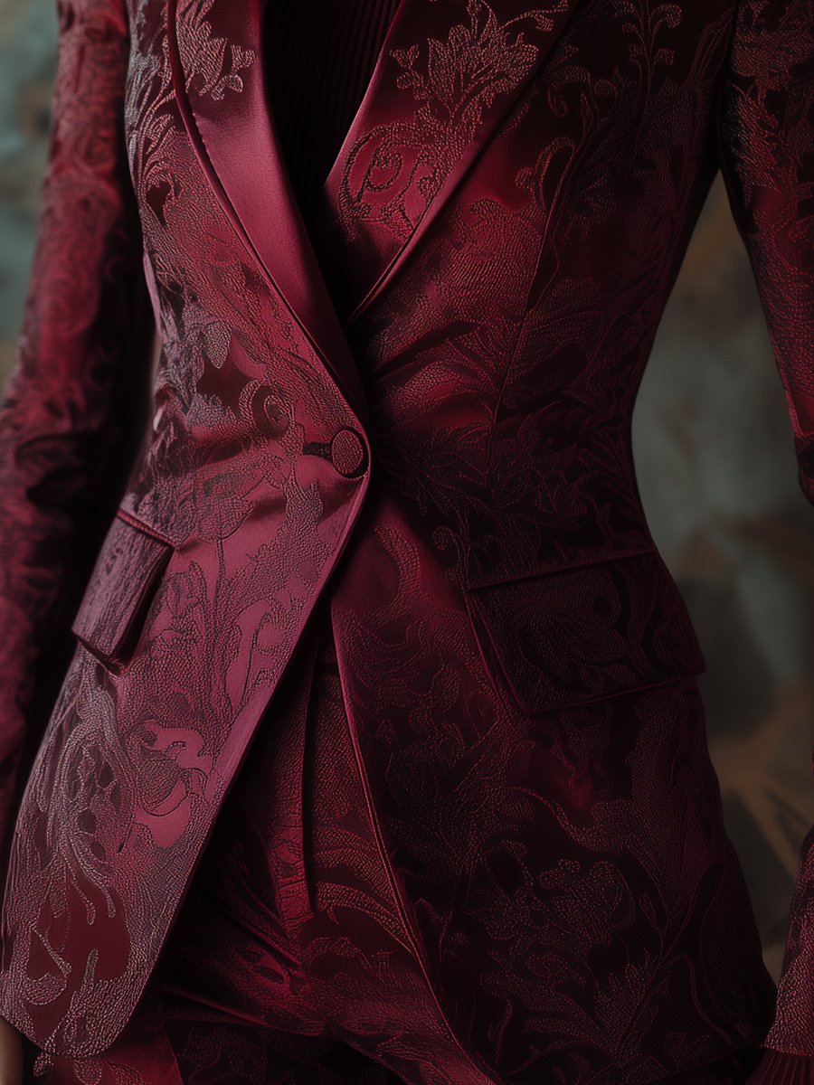 Burgundy Baroque Jacquard Blazer with Intricate Floral Patterns Burgundy Baroque Jacquard Blazer with Intricate Floral Patterns