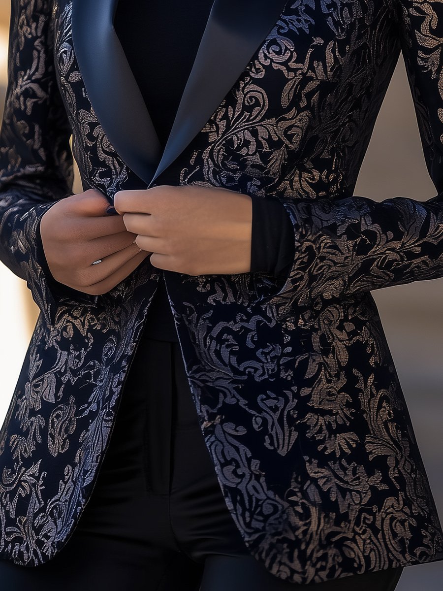 Black and Silver Jacquard Blazer with Classic Floral Detailing Black and Silver Jacquard Blazer with Classic Floral Detailing