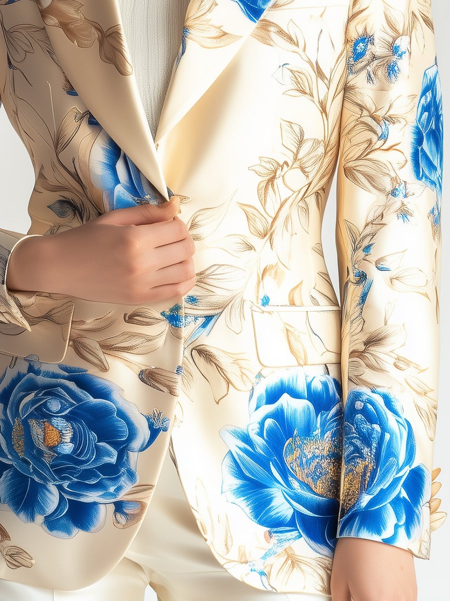 Sophisticated Ivory Satin Blazer with Royal Blue Florals Sophisticated Ivory Satin Blazer with Royal Blue Florals