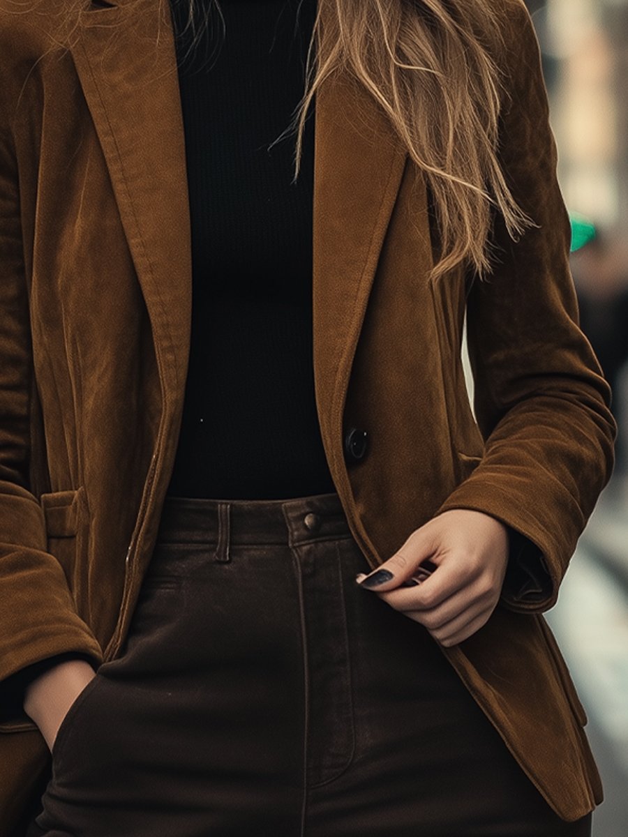 Chic Brown Suede Blazer with Classic Tailoring Chic Brown Suede Blazer with Classic Tailoring