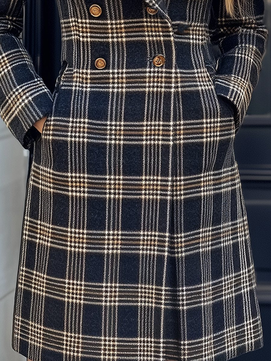 Classic Black and Beige Plaid Double-Breasted Wool Coat Classic Black and Beige Plaid Double-Breasted Wool Coat