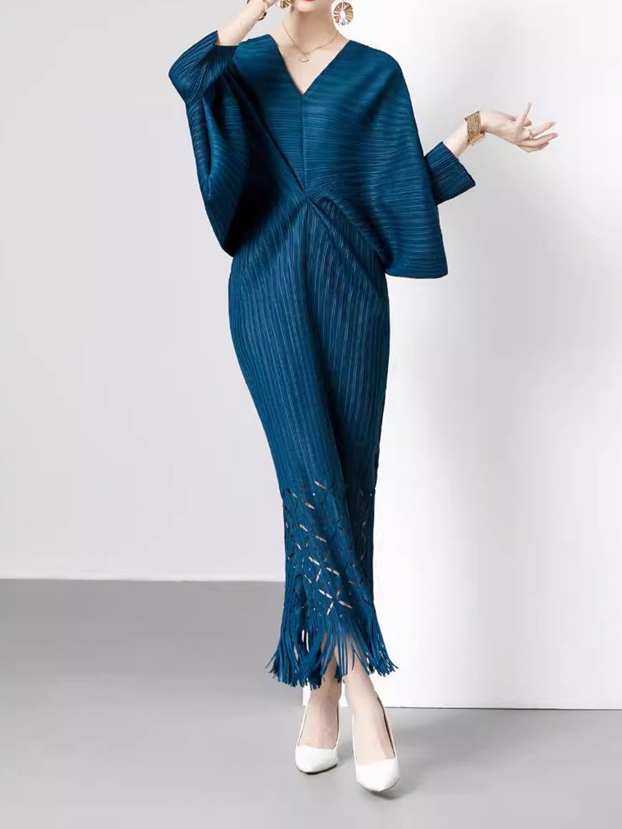 Loose Bat Sleeves V-neck Fishtail Fringed Dress Loose Bat Sleeves V-neck Fishtail Fringed Dress