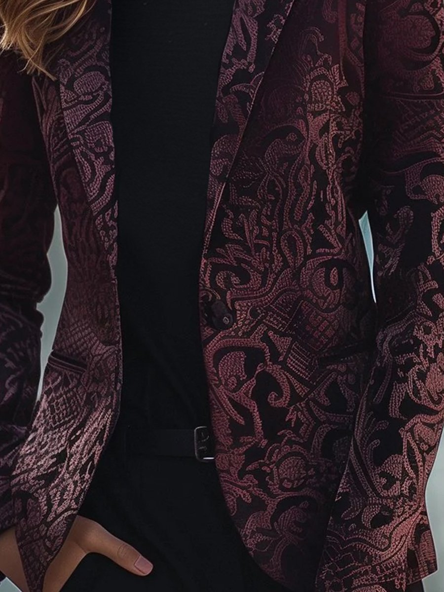 Burgundy Jacquard Blazer with Intricate Floral Pattern Burgundy Jacquard Blazer with Intricate Floral Pattern