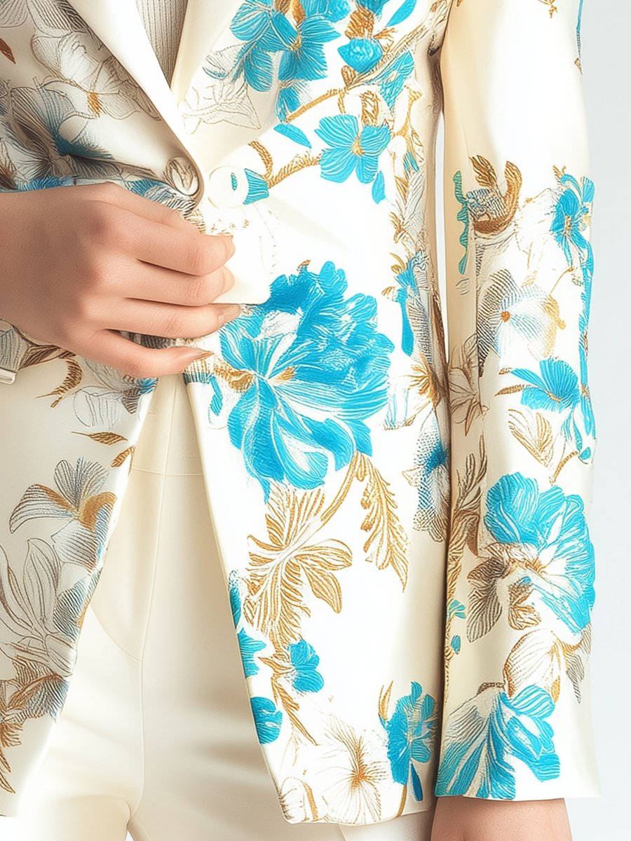 Ivory Satin Blazer with Aqua Floral Charm Ivory Satin Blazer with Aqua Floral Charm