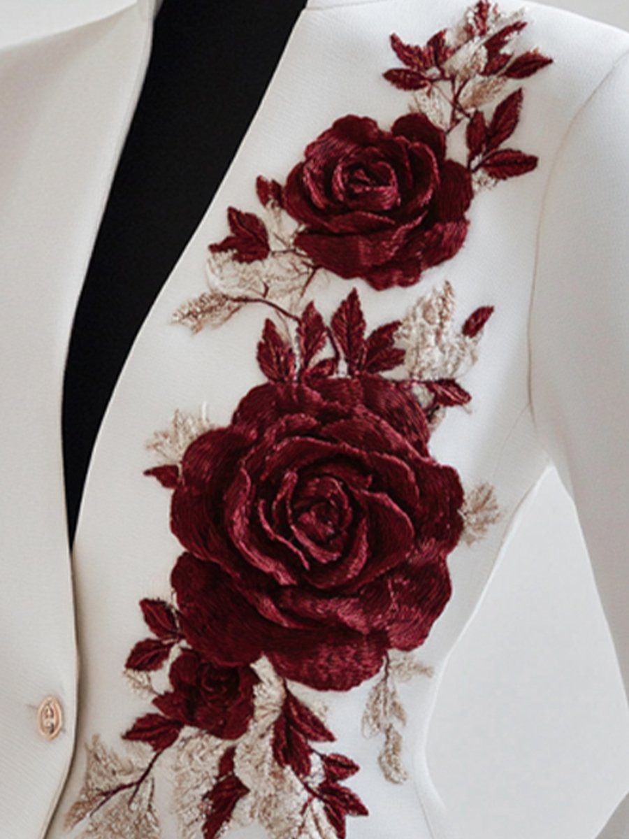 Chic White Blazer with Red Rose Embroidery Chic White Blazer with Red Rose Embroidery