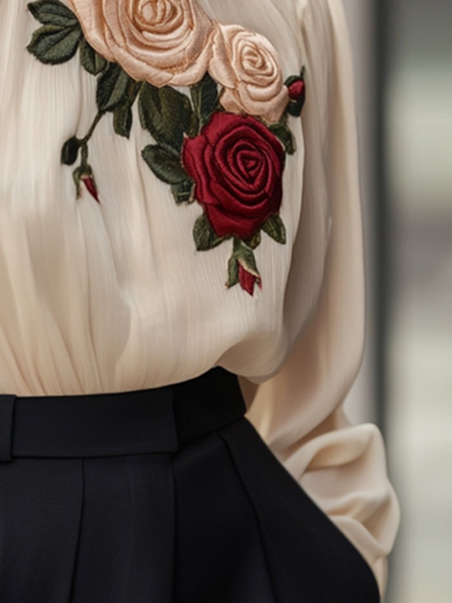 Elegant High-Neck Blouse with 3D Rose Embroidery Elegant High-Neck Blouse with 3D Rose Embroidery