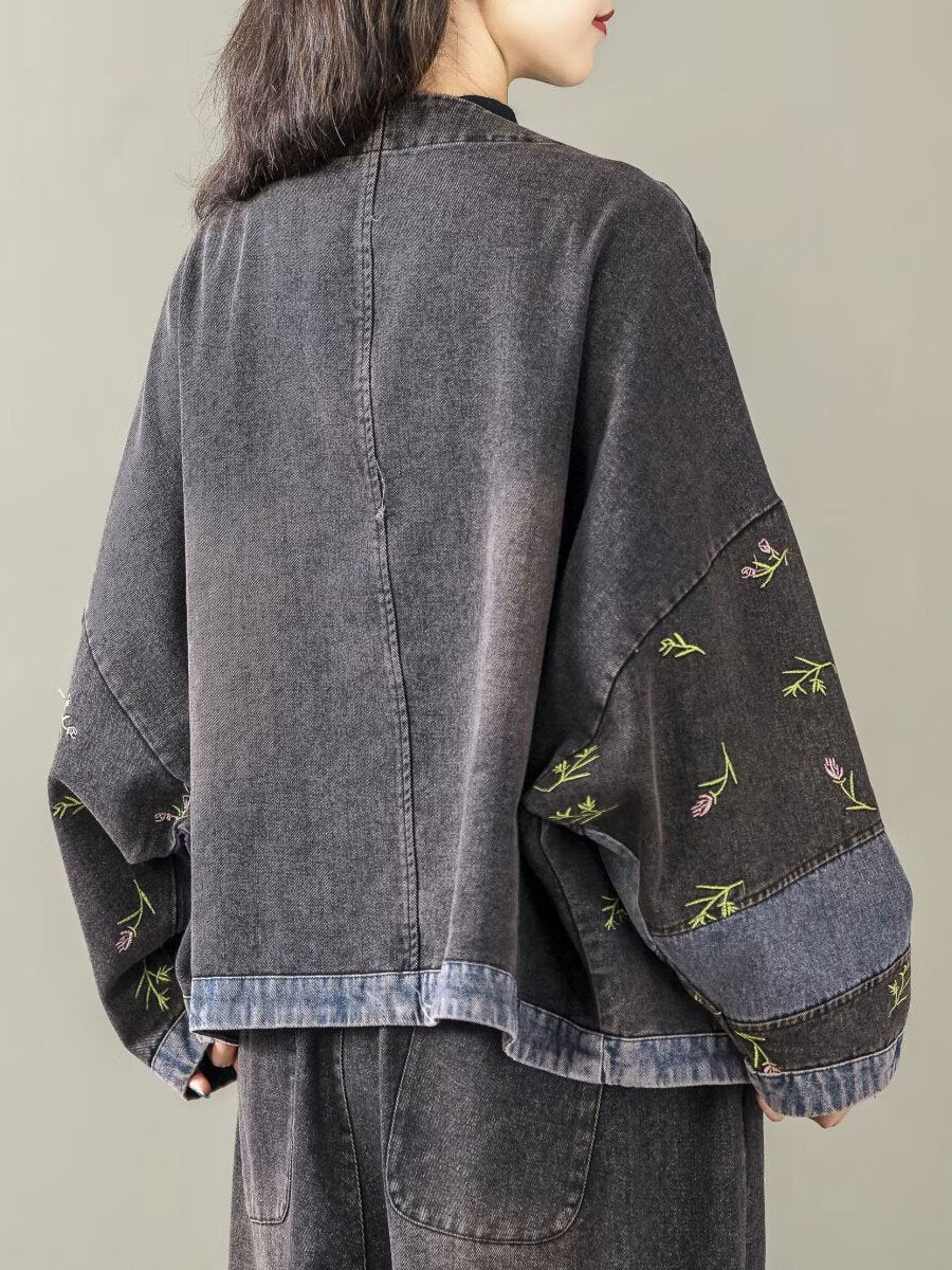 Floral Embroidered Denim Cardigan with Patchwork Details Floral Embroidered Denim Cardigan with Patchwork Details
