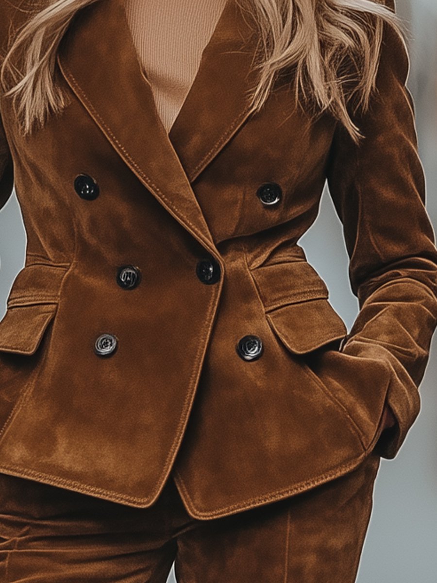 Brown Double-Breasted Suede Blazer with a Tailored Fit Brown Double-Breasted Suede Blazer with a Tailored Fit