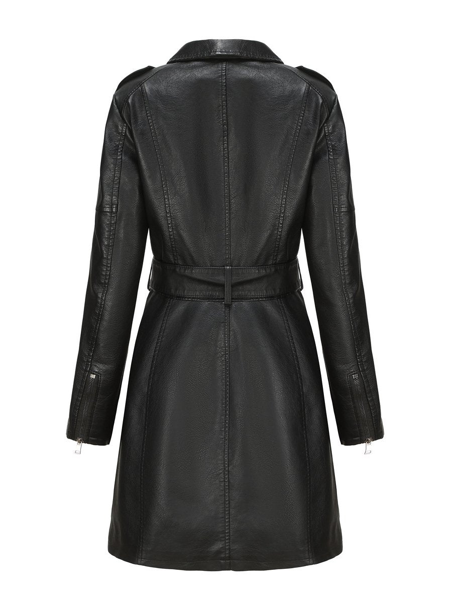 Classic Faux Leather Plain Long-sleeved Trench Coat with Belt Classic Faux Leather Plain Long-sleeved Trench Coat with Belt