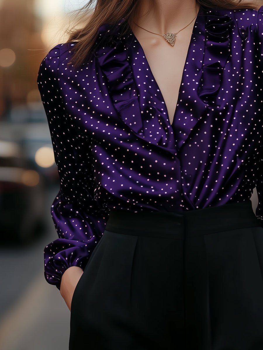 Purple Polka Dot Blouse with Ruffle Detailing Purple Polka Dot Blouse with Ruffle Detailing