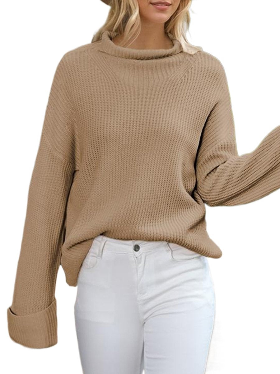 Cozy Plain Knit Sweater with Rolled Turtleneck Cozy Plain Knit Sweater with Rolled Turtleneck