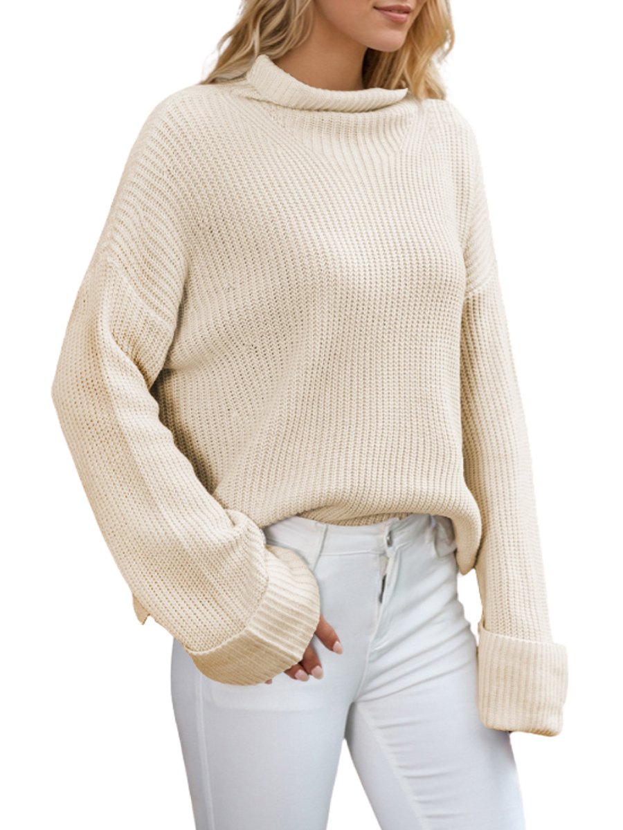 Cozy Plain Knit Sweater with Rolled Turtleneck Cozy Plain Knit Sweater with Rolled Turtleneck