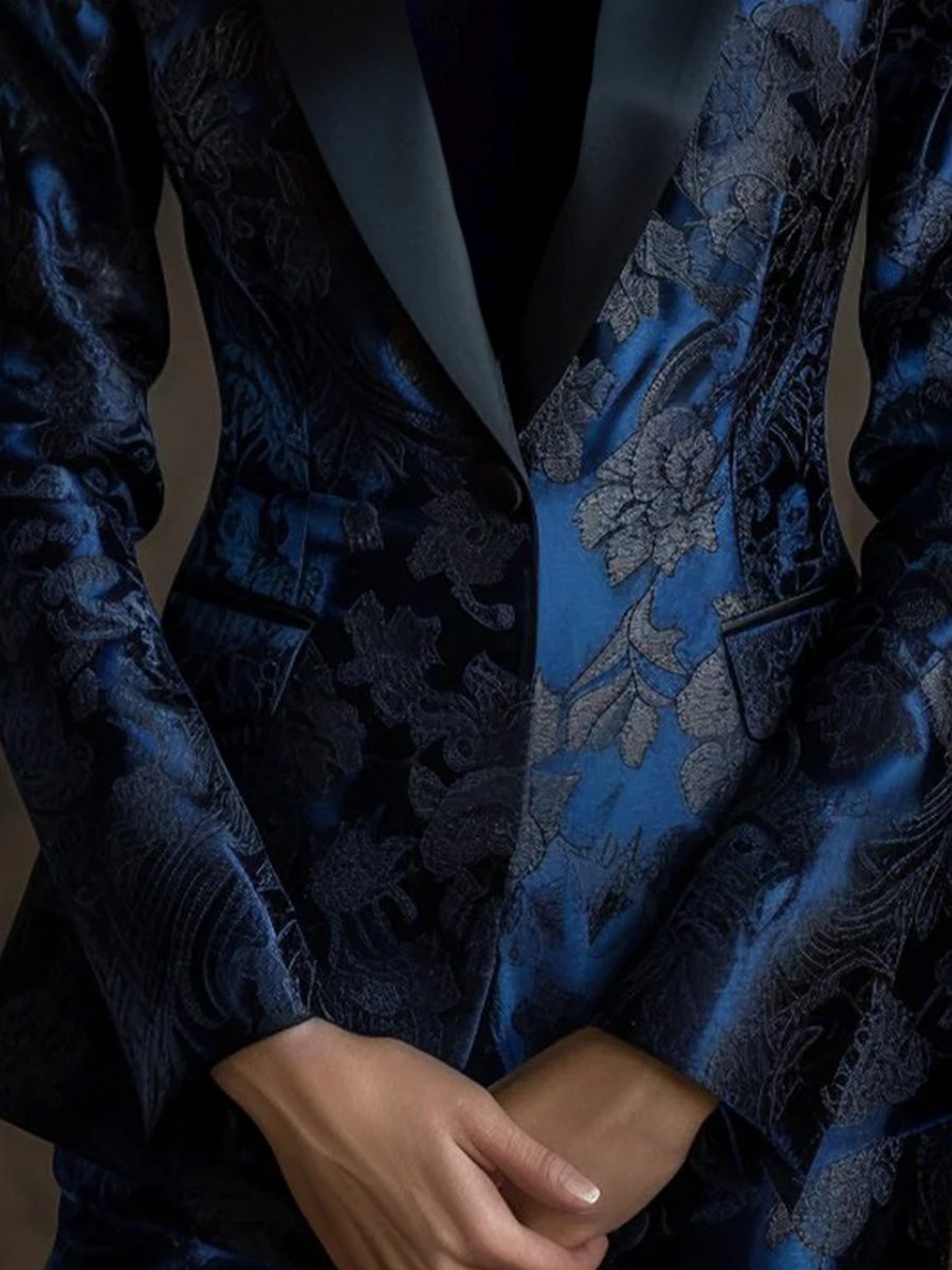 Midnight Blue Jacquard Blazer with Subtle Floral Motifs Midnight Blue Jacquard Blazer with Subtle Floral Motifs