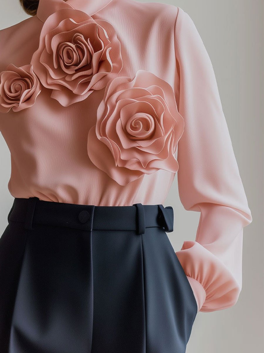 Sophisticated 3D Rose Embellished Pink Blouse Sophisticated 3D Rose Embellished Pink Blouse