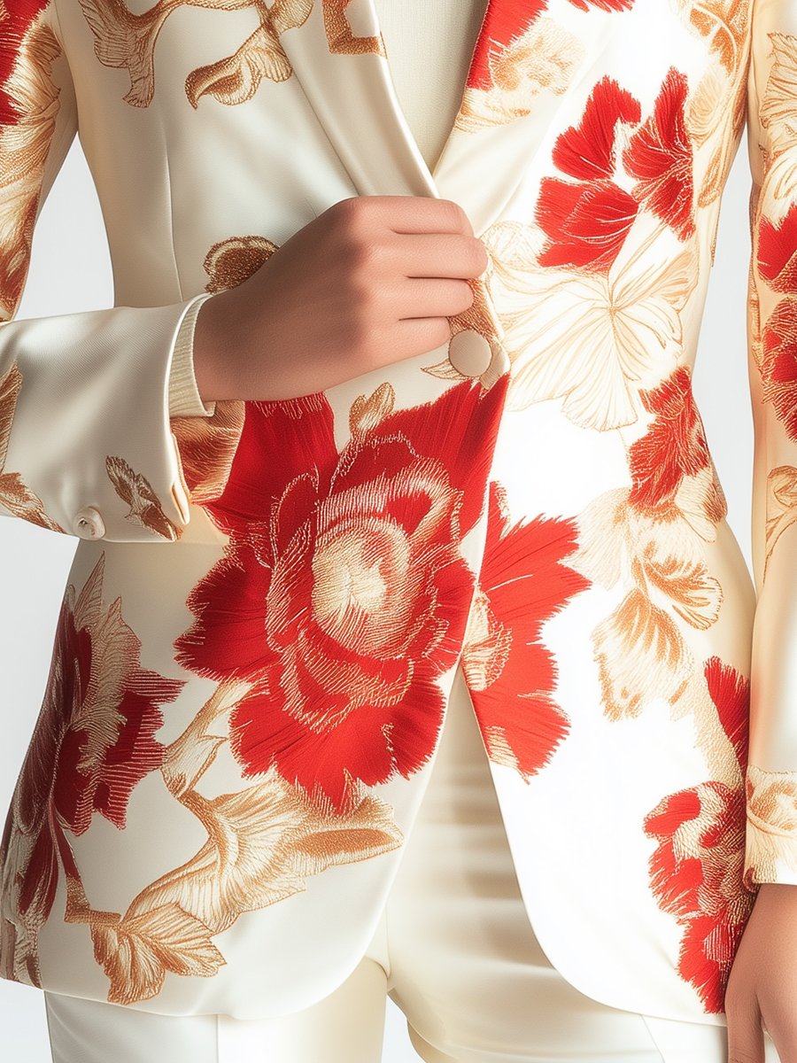 Ivory Satin Blazer with Red and Gold Statement Florals Ivory Satin Blazer with Red and Gold Statement Florals