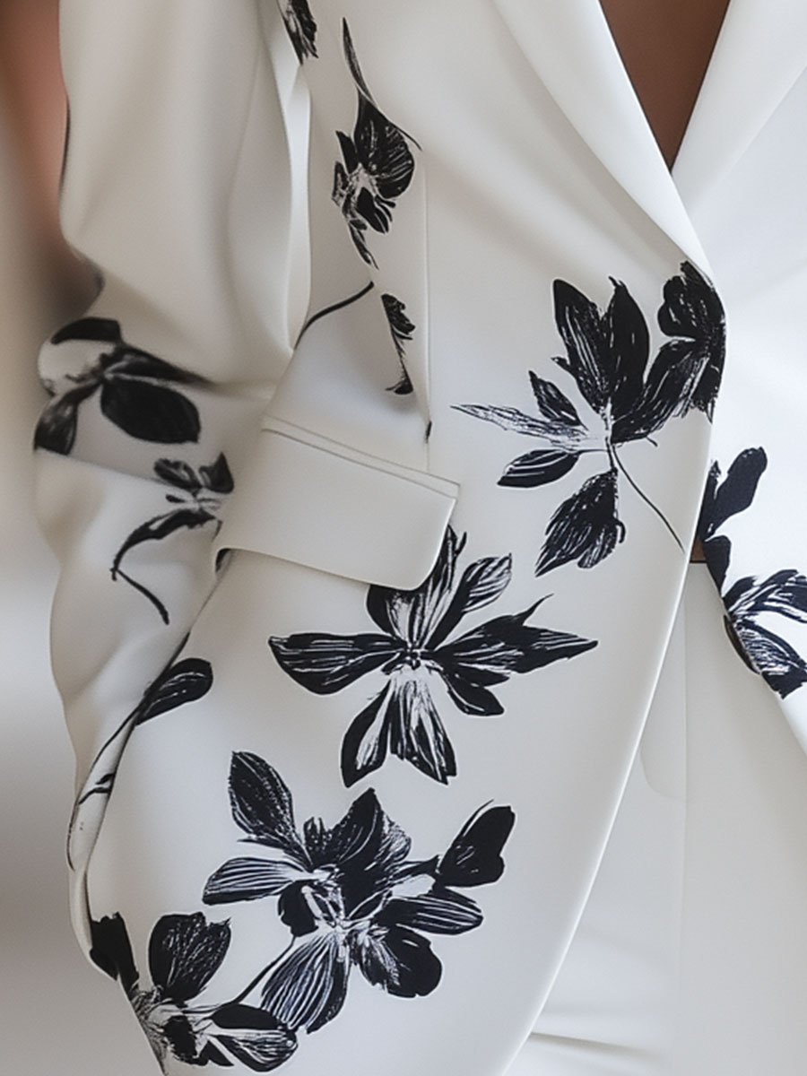 White Blazer with Bold Black Floral Printed White Blazer with Bold Black Floral Printed