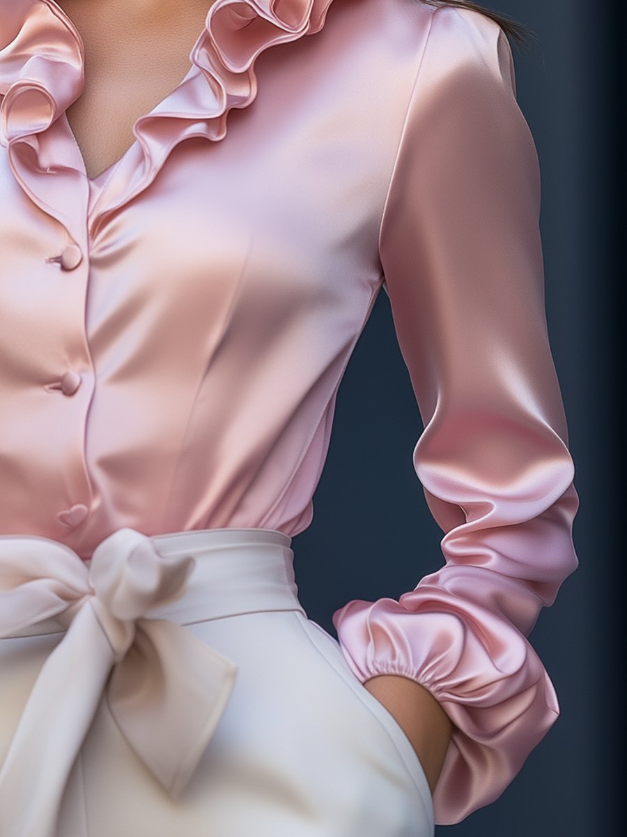 Elegant Pink Satin Blouse with Ruffled V-Neckline Charm Elegant Pink Satin Blouse with Ruffled V-Neckline Charm