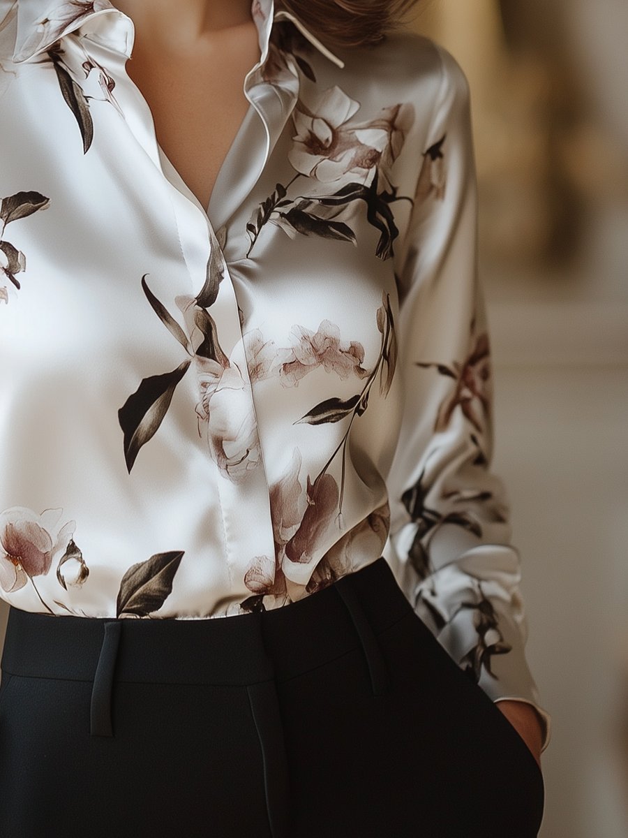 Modern Satin Printed Blouse with Magnolia Pattern Elegance Modern Satin Printed Blouse with Magnolia Pattern Elegance