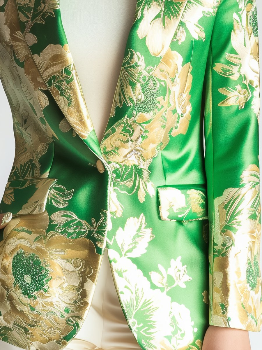 Elegant Green Satin Blazer with Golden Botanical Patterns Elegant Green Satin Blazer with Golden Botanical Patterns