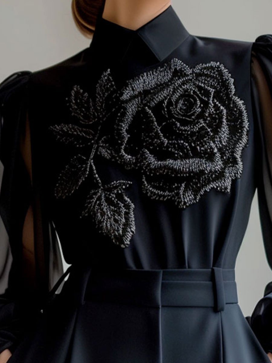 Sophisticated Sheer Sleeve Blouse with Floral Embellishment Sophisticated Sheer Sleeve Blouse with Floral Embellishment