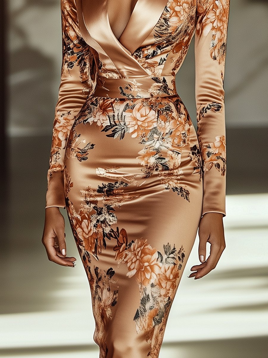 Floral Satin Printed Bodycon Dress Floral Satin Printed Bodycon Dress
