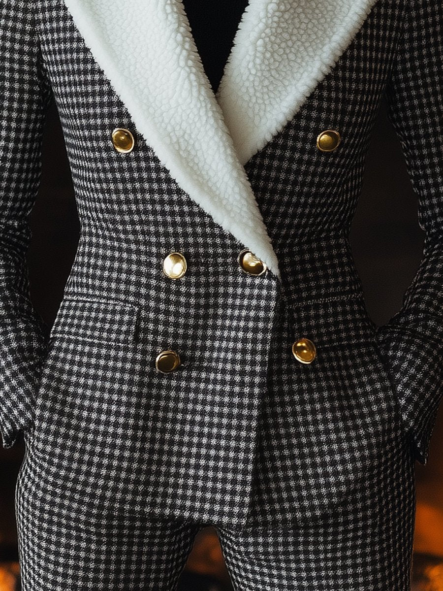 Houndstooth Shearling Collar Blazer Houndstooth Shearling Collar Blazer