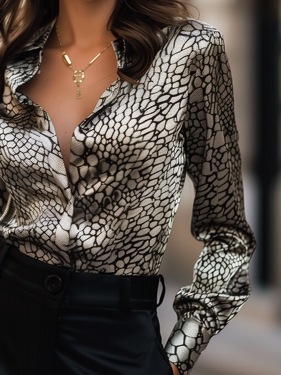 Modern Satin Printed Blouse with Classic Snake Pattern Elegance Modern Satin Printed Blouse with Classic Snake Pattern Elegance