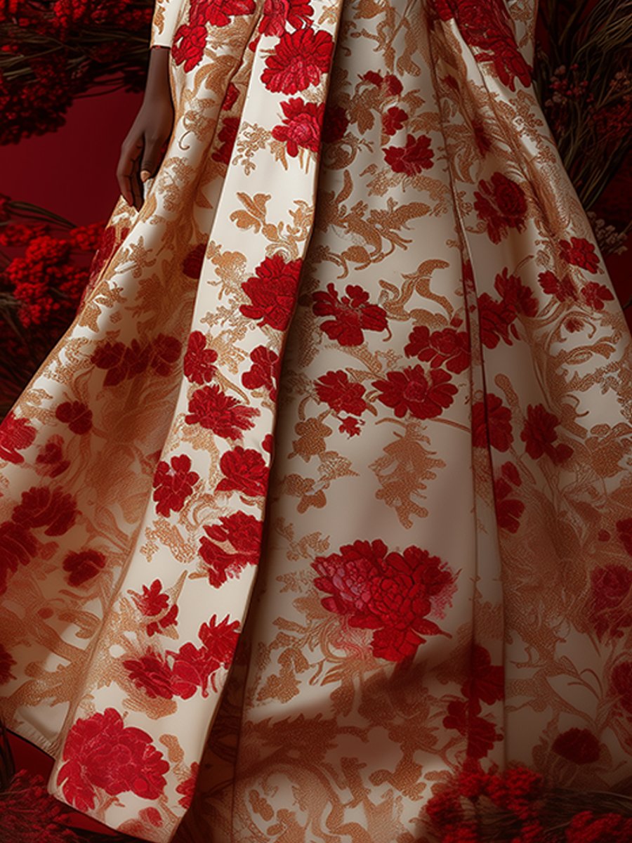 Ivory and Red Satin Jacquard Dress with Bold Floral Patterns Ivory and Red Satin Jacquard Dress with Bold Floral Patterns