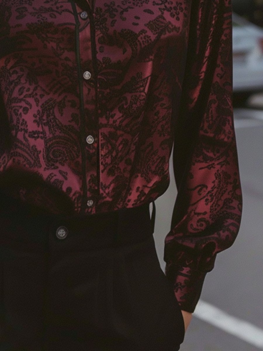 Chic Burgundy Jacquard Button-Up Blouse Chic Burgundy Jacquard Button-Up Blouse