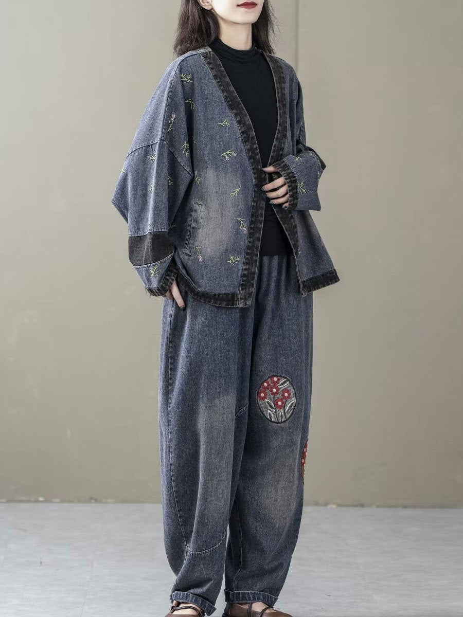 Floral Embroidered Denim Cardigan with Patchwork Details Floral Embroidered Denim Cardigan with Patchwork Details