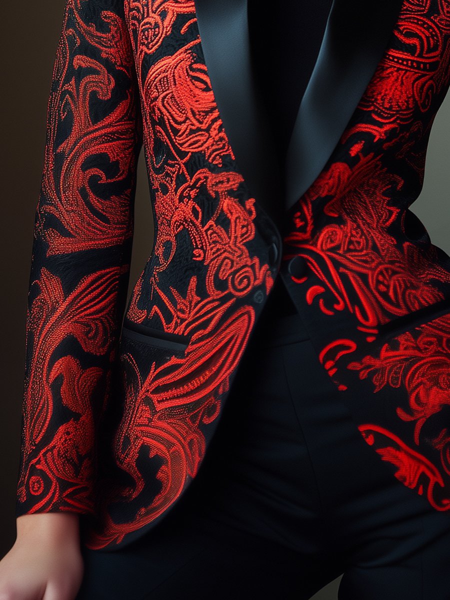 Chic Black and Red Satin Jacquard Blazer with Scrollwork Details Chic Black and Red Satin Jacquard Blazer with Scrollwork Details