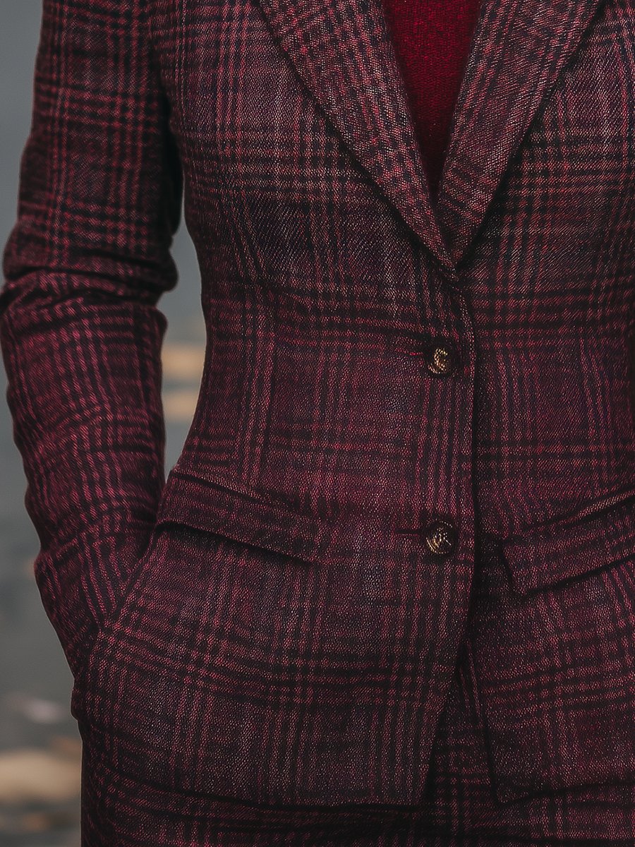 Plaid Wool Blazer in Rich Burgundy Tones Plaid Wool Blazer in Rich Burgundy Tones