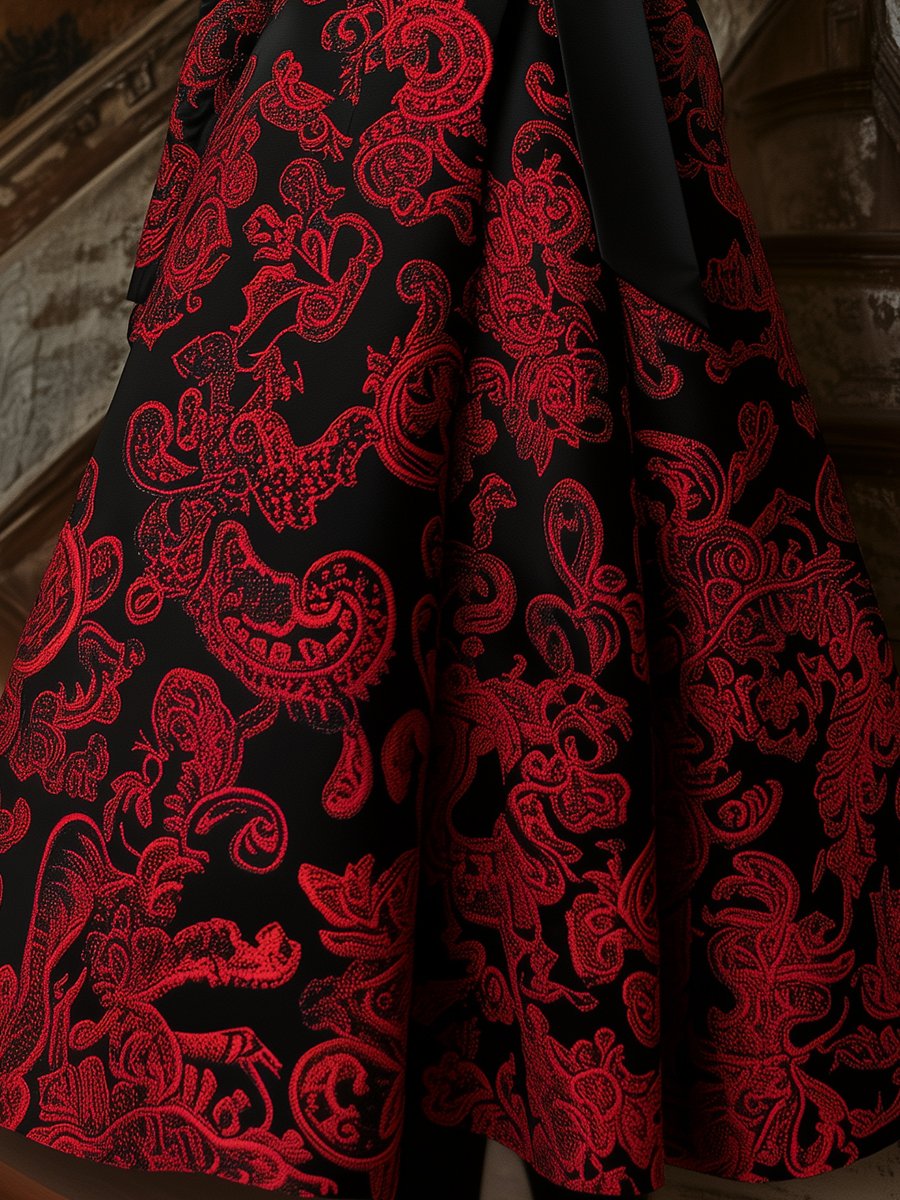 Elegant Black Satin Jacquard Dress with Red Paisley Motifs Elegant Black Satin Jacquard Dress with Red Paisley Motifs